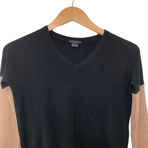 Theory 100% Cashmere Black Bodice Camel Sleeves V-Neck Sweater Size P /TP Soft - Picture 3 of 11